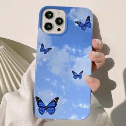 Mavi Uçuşan Parıltılı Kelebekler Baskılı Silikon Telefon Kılıfı