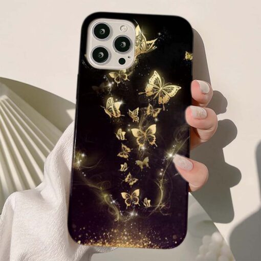 Altın Renkli Uçuşan Parıltılı Kelebekler Baskılı Silikon Telefon Kılıfı