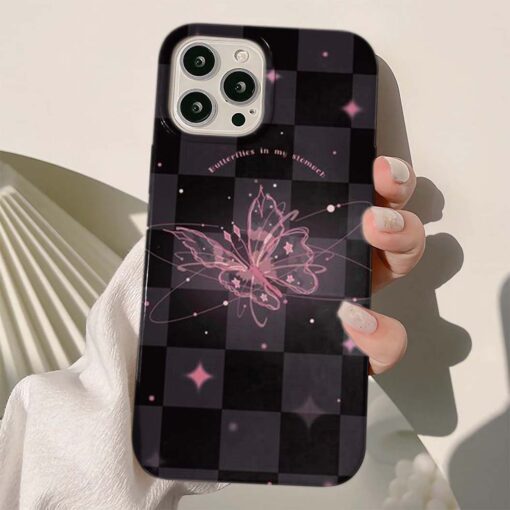 Dama Desenli Pembe Kelebek Baskılı Silikon Telefon Kılıfı