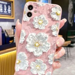 Pembe Zemin Beyaz Çiçek Baskılı Renkli Silikon Telefon Kılıfı