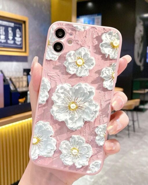 Pembe Zemin Beyaz Çiçek Baskılı Renkli Silikon Telefon Kılıfı