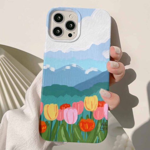 Dağ Arka Planlı Renkli Laleler Baskılı Renkli Silikon Telefon Kılıfı