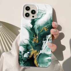 Yeşil Gold Yaldız Geçişli Mermer Baskılı Silikon Telefon Kılıfı