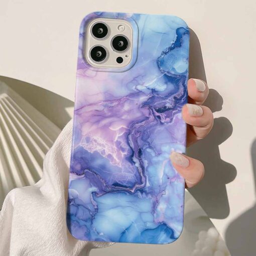 Pembe Ve Mavi Yaldızlı Mor Geçişli Mermer Baskılı Silikon Telefon Kılıfı