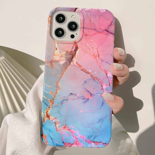 Pembe Mavi Geçişli Mermer Baskılı Silikon Telefon Kılıfı