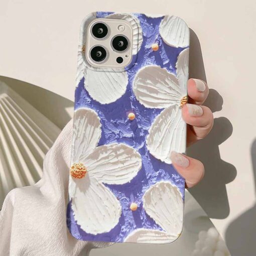 Mor Arka Planlı Beyaz Çiçekler Baskılı Renkli Silikon Telefon Kılıfı
