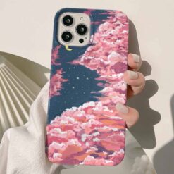 Pembe Bulutlar Lacivert Gökyüzü Baskılı Renkli Silikon Telefon Kılıfı