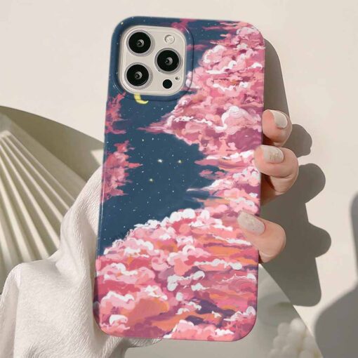 Pembe Bulutlar Lacivert Gökyüzü Baskılı Renkli Silikon Telefon Kılıfı
