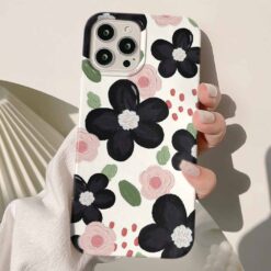 Siyah Pembe Çiçekler Baskılı Renkli Silikon Telefon Kılıfı