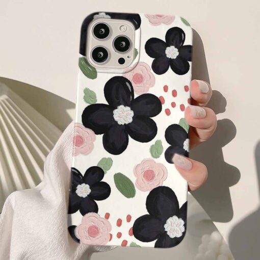 Siyah Pembe Çiçekler Baskılı Renkli Silikon Telefon Kılıfı