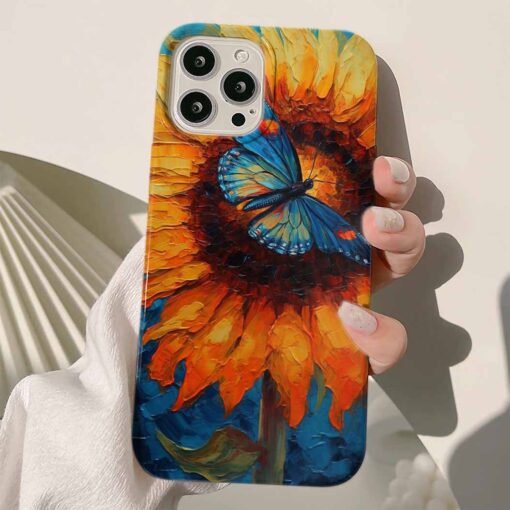 Ay Çiçeği Ve Kelebek Baskılı Renkli Silikon Telefon Kılıfı