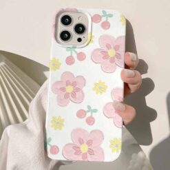 Pembe Sarı Çiçekler Ve Kirazlar Baskılı Renkli Silikon Telefon Kılıfı