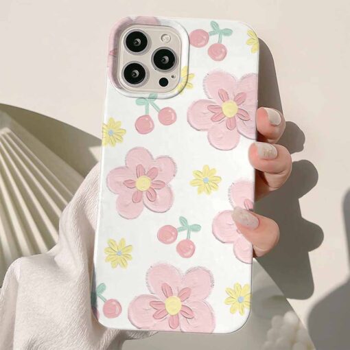 Pembe Sarı Çiçekler Ve Kirazlar Baskılı Renkli Silikon Telefon Kılıfı