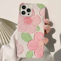 Pembe Çiçekler Yeşil Yapraklar Baskılı Renkli Silikon Telefon Kılıfı