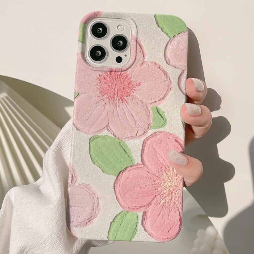 Pembe Çiçekler Yeşil Yapraklar Baskılı Renkli Silikon Telefon Kılıfı
