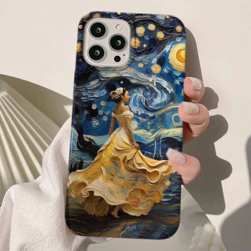 Yıldızlı Gece Sarı Elbiseli Kız Baskılı Renkli Silikon Telefon Kılıfı
