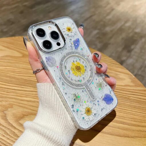 Daisy Simli Taşlı Gerçek Çiçekli Magsafe Telefon Kılıfı - Görsel 2