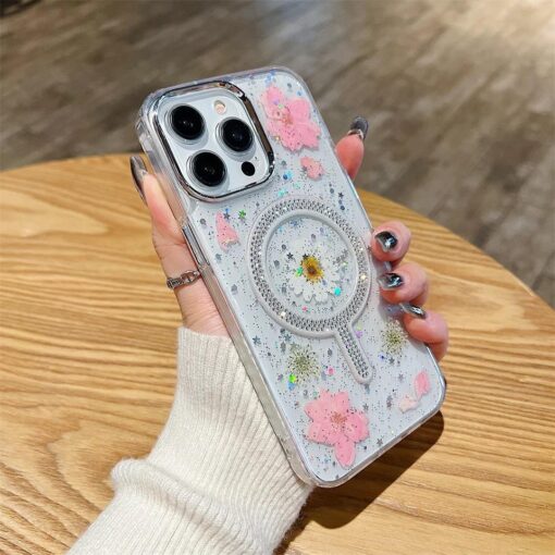 Daisy Simli Taşlı Gerçek Çiçekli Magsafe Telefon Kılıfı - Görsel 4