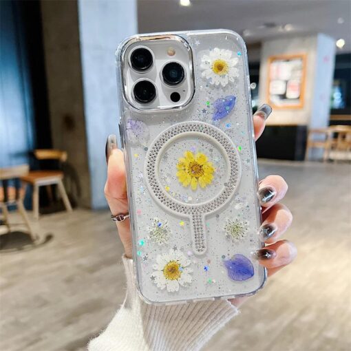 Daisy Simli Taşlı Gerçek Çiçekli Magsafe Telefon Kılıfı