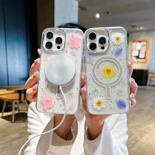 Daisy Simli Taşlı Gerçek Çiçekli Magsafe Telefon Kılıfı - Görsel 6