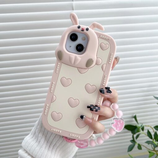 Pembe Tavşan Figürlü Marshmallow Bilek Zincirli Telefon Kılıfı