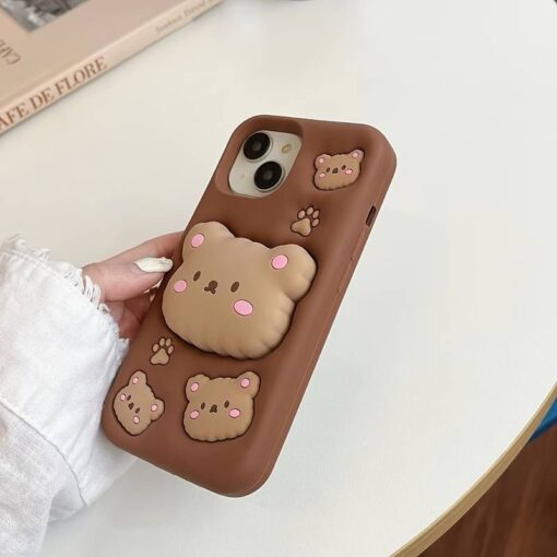 Popsocketli Kahverengi Pamuk Ayıcık Kabartma Silikon Telefon Kılıfı