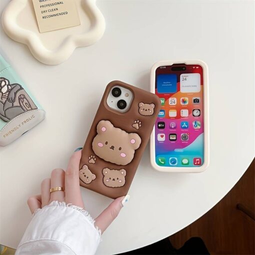 Popsocketli Kahverengi Pamuk Ayıcık Kabartma Silikon Telefon Kılıfı - Görsel 4